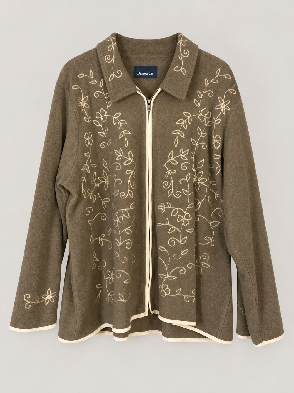 Denim&Co Olive Zip-Front Teddy Jacket with Cream Embroidery